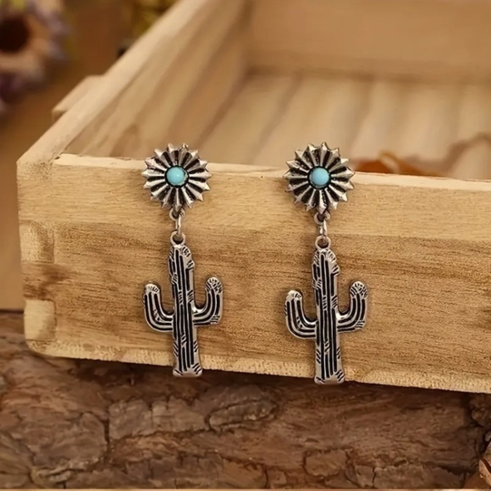 Southwest Style Silver & Turquoise Cactus Earrings